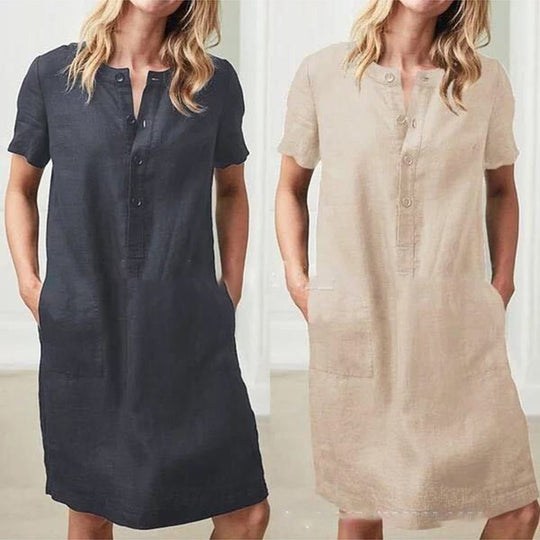 Damen lässiges Leinenkleid mit Knopfleiste und praktischen Taschen