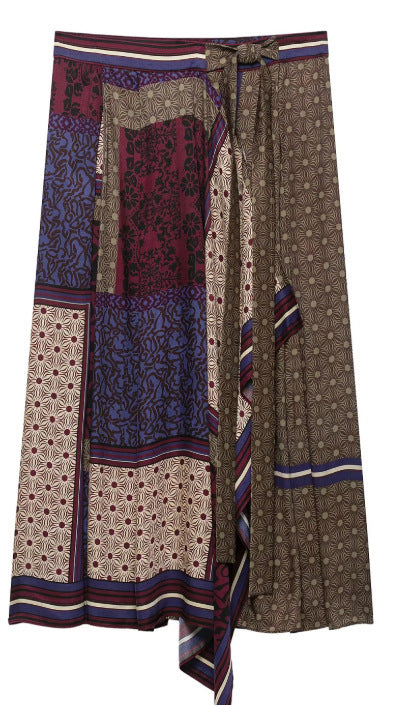 Damen Gemusterte Patchwork‑Bluse mit weitem Glockenärmel und Hemdkragen Nord Taschen