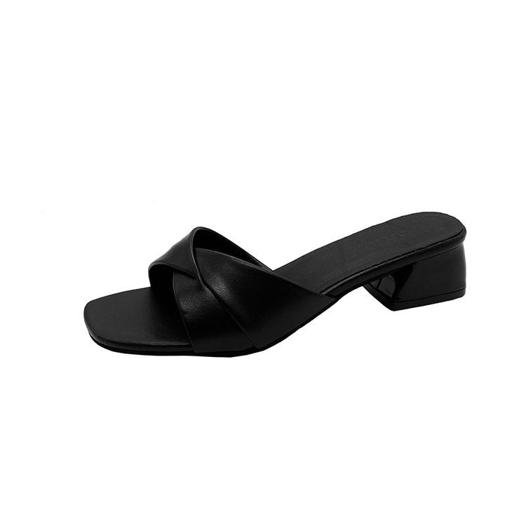 Damen elegante Mules mit gekreuzten Riemen und Blockabsatz