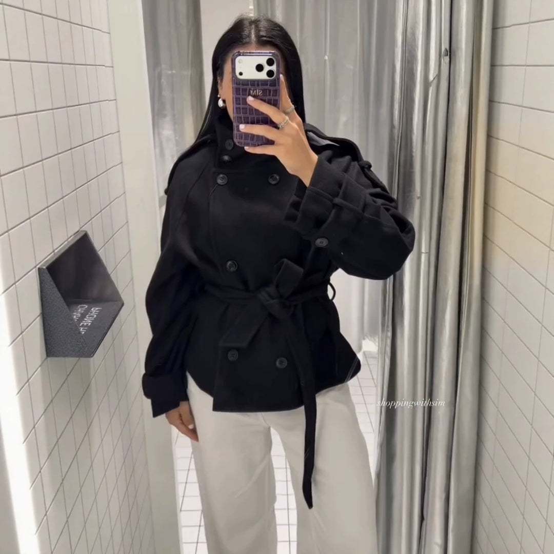Damen Kurzblouson‑Trenchcoat aus Wollmix mit hohem Stehkragen und Bindegürtel Nord Taschen
