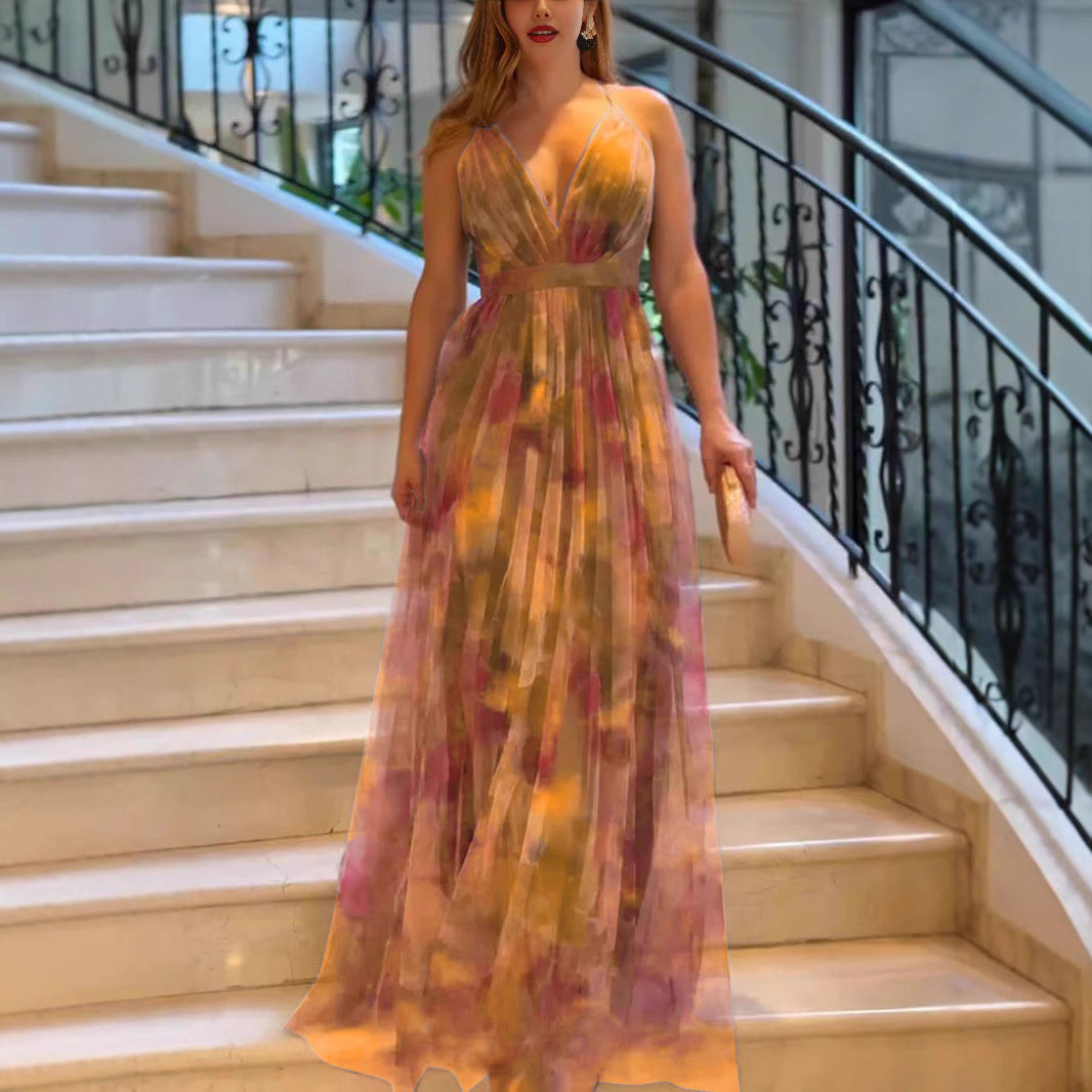Damen Elegantes Maxikleid mit tiefem V-Ausschnitt und luftigen Stoffschichten