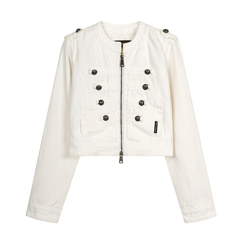 Damen Cropped-Denimjacke im Military‑Stil mit Zierknopfleisten Nord Taschen