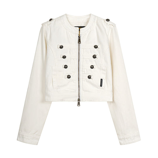 Damen Cropped-Denimjacke im Military‑Stil mit Zierknopfleisten Nord Taschen