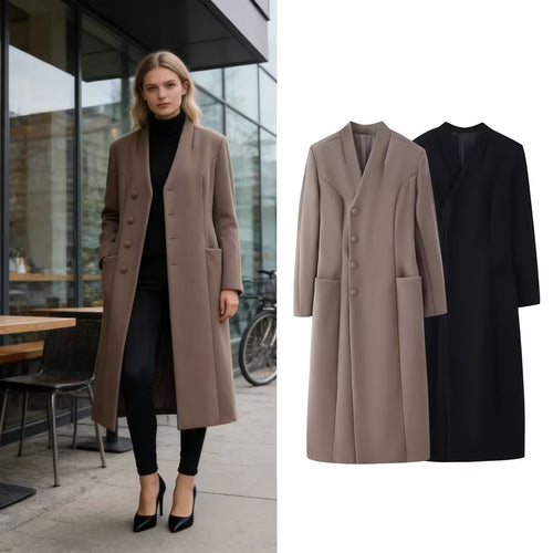 Damen Eleganter Wolloptik-Maximantel mit verdeckter Knopfleiste und aufgesetzten Taschen Nord Taschen