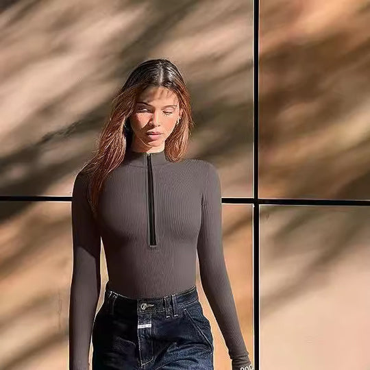 Damen Enganliegendes Rippstrick-Longsleeve mit Halbzip und Stehkragen Nord Taschen