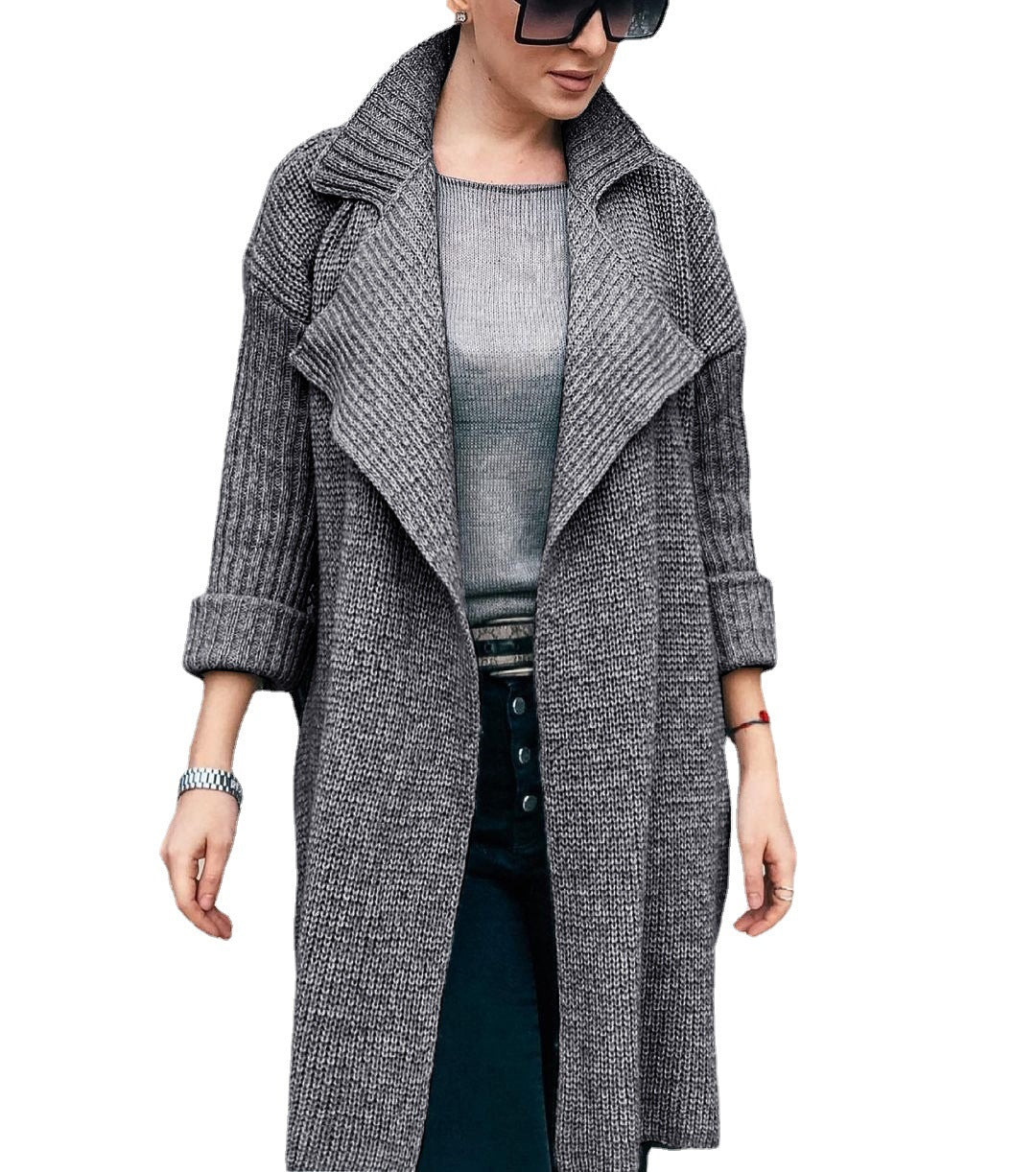 Damen Langer Offener Strickmantel mit Schalkragen und Umschlagärmeln Nord Taschen