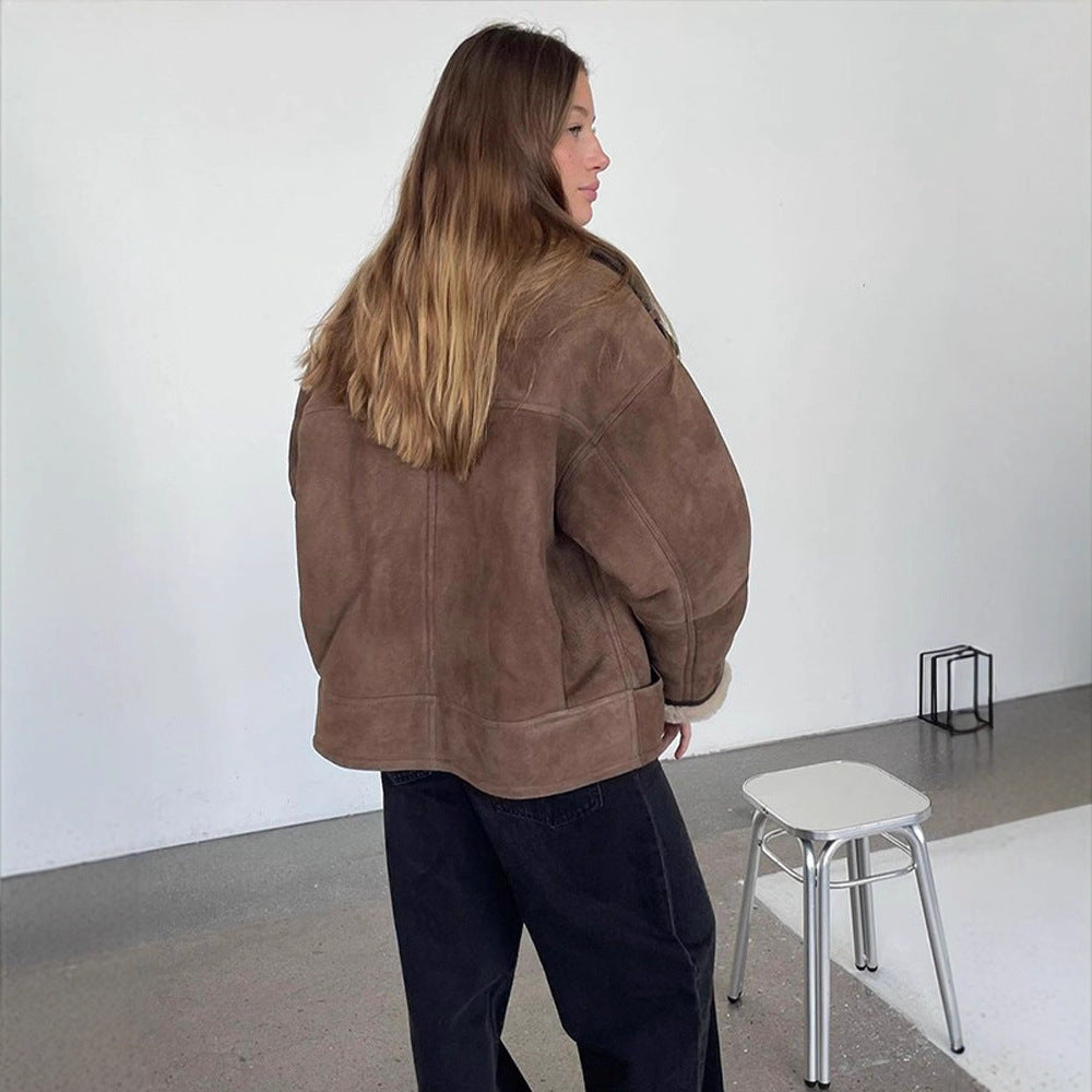 Damen Oversize Shearling‑Imitat Fliegerjacke mit kontrastierenden Besätzen & Schnallen-Details Nord Taschen
