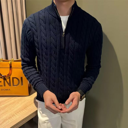 Herren Zopfstrick-Halbzip-Pullover mit Stehkragen Nord Taschen