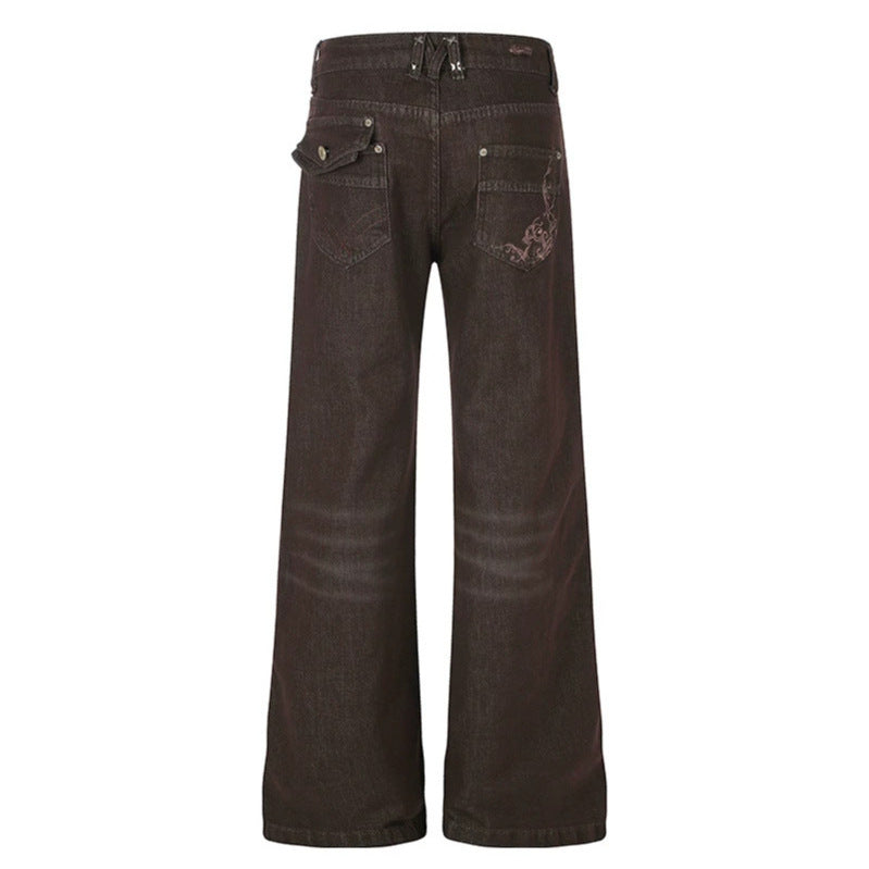 Damen Weite High‑Waist Denimhose mit geradem Bein und Utility‑Pattentaschen Nord Taschen
