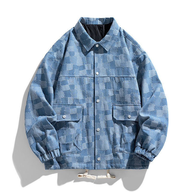Herren Oversize-Jeansjacke im Karo-Look mit Druckknöpfen, Pattentaschen und Kordelzug Nord Taschen