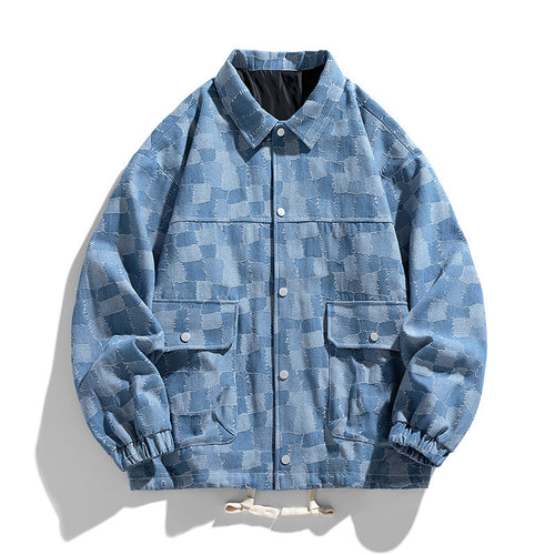 Herren Oversize-Jeansjacke im Karo-Look mit Druckknöpfen, Pattentaschen und Kordelzug Nord Taschen