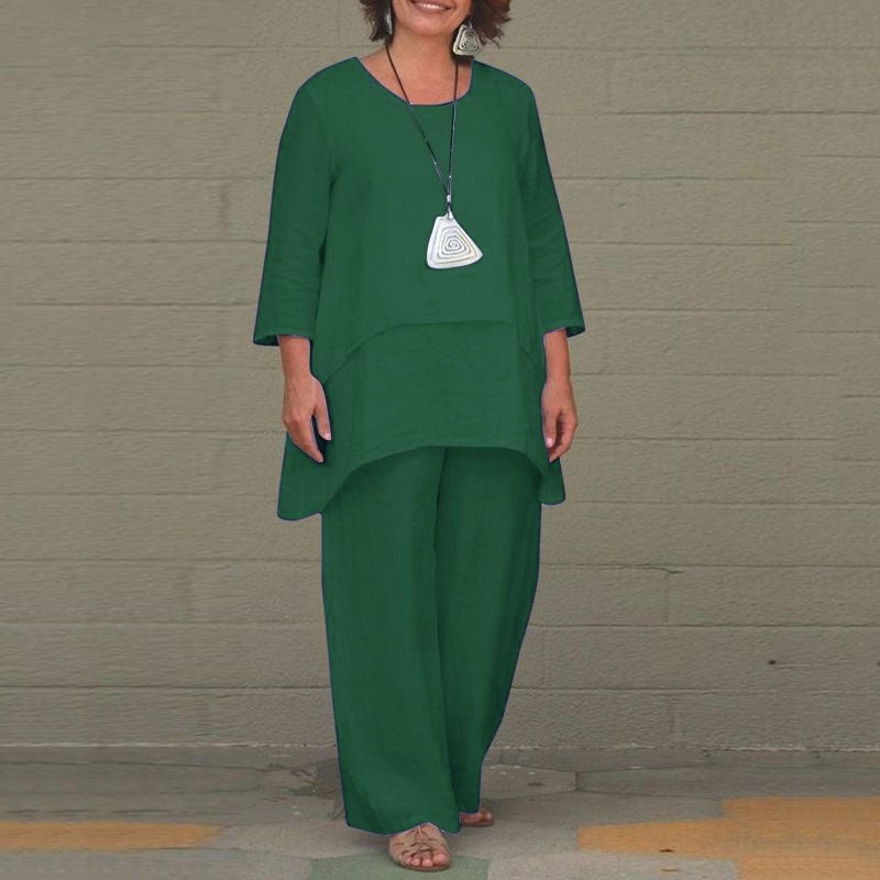 Damen Lässiges Zweiteiliges Leinen-Set mit Oversize-Tunika und weiter Palazzo-Hose Nord Taschen