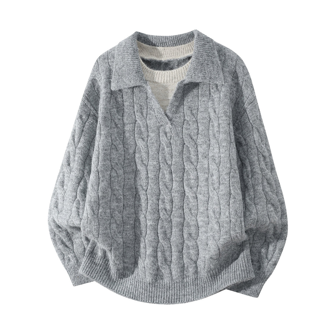 Damen Oversize Zopfmuster-Pullover mit offenem Polokragen & Layer‑Look Nord Taschen