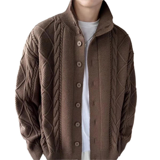 Herren Lockere Strick-Cardigan mit hohem Stehkragen und Zopfmuster Nord Taschen