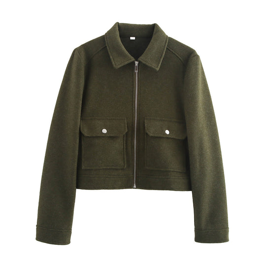 Damen Kurz geschnittene Wollmix-Jacke mit Hemdkragen, Reißverschluss und aufgesetzten Klappentaschen Nord Taschen