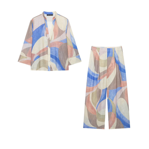 Damen Weite Leinenhose mit abstraktem Aquarellprint und hoher Taille Nord Taschen