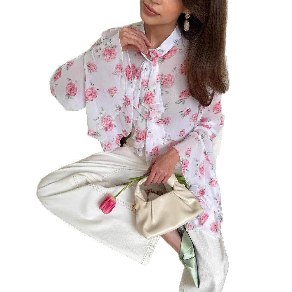 Damen Chiffon-Bluse mit Rosendruck, Volantstufen und Glockenärmeln Nord Taschen