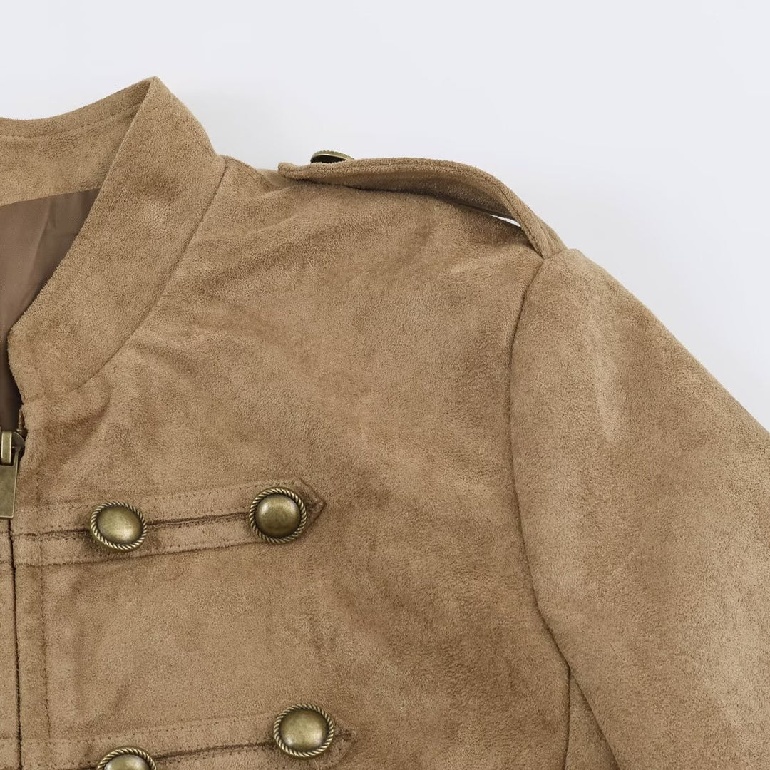 Damen kurz geschnittene Kavallerie-Jacke aus Wildlederoptik mit Zierknopfleiste und Schulterpatten Nord Taschen