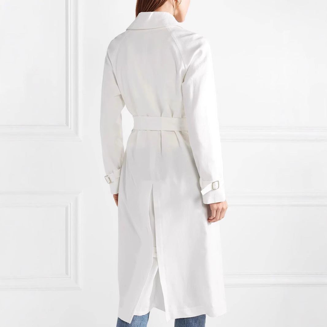 Damen Midilanger Einreihiger Trenchcoat mit Sturmlasche und verstellbaren Manschetten Nord Taschen
