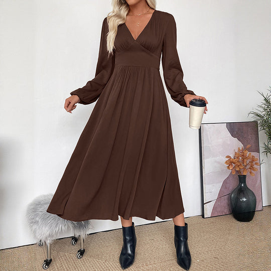 Damen Maxikleid Wickeloptik mit V-Ausschnitt, Empire-Taille und langen Ballonärmeln Nord Taschen