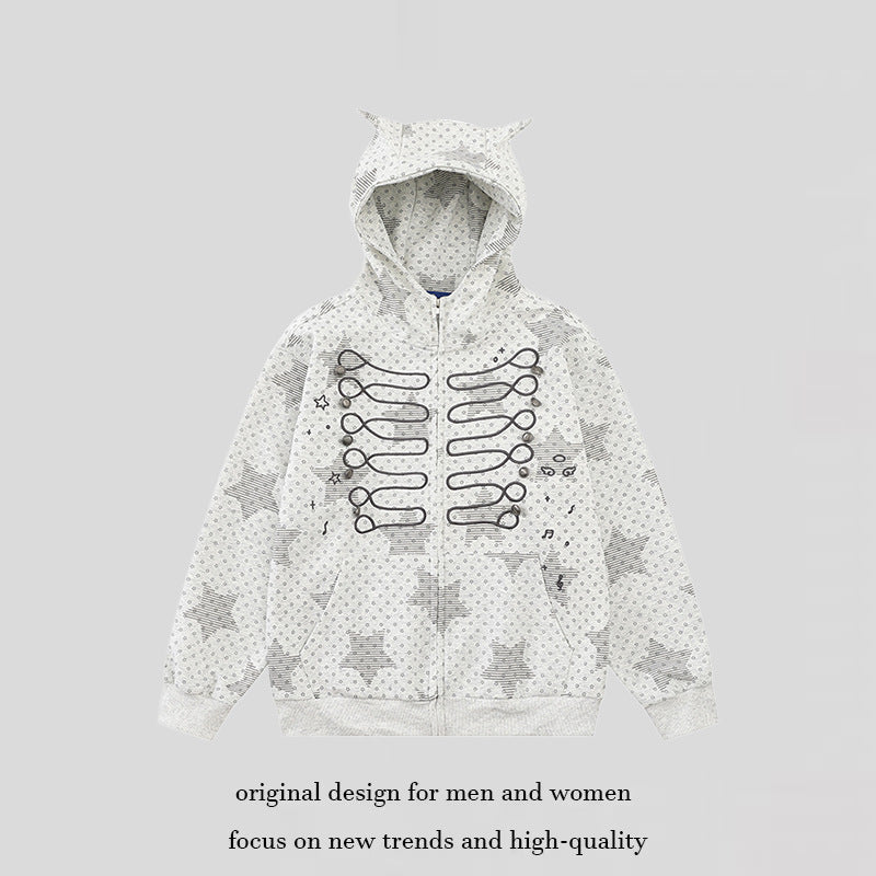 Damen Kapuzen‑Sweatjacke mit 3D‑Ohrenapplikationen, durchgehendem Reißverschluss und verspieltem Militär‑Illustrationsprint Nord Taschen