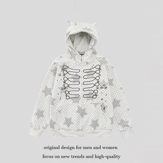 Damen Kapuzen‑Sweatjacke mit 3D‑Ohrenapplikationen, durchgehendem Reißverschluss und verspieltem Militär‑Illustrationsprint Nord Taschen