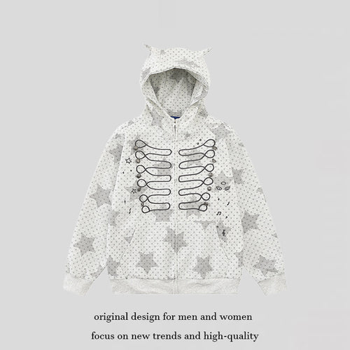 Damen Kapuzen‑Sweatjacke mit 3D‑Ohrenapplikationen, durchgehendem Reißverschluss und verspieltem Militär‑Illustrationsprint Nord Taschen