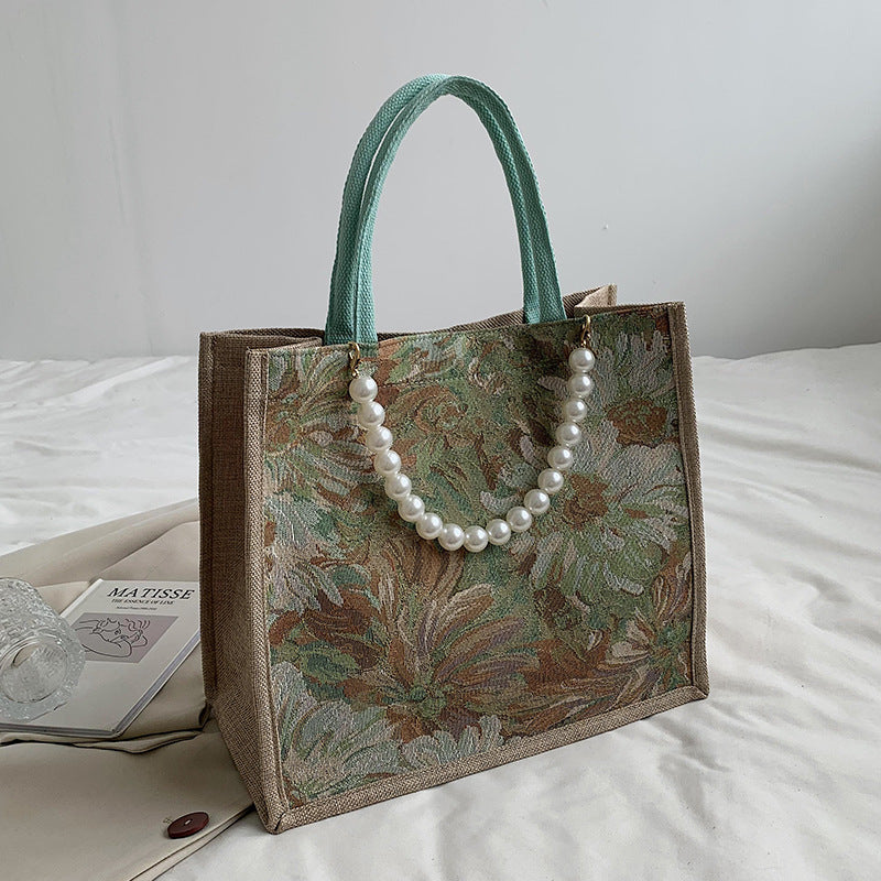 Damen Einkaufstasche mit floralem Jacquard-Muster und eleganter Perlenverzierung Nord Taschen