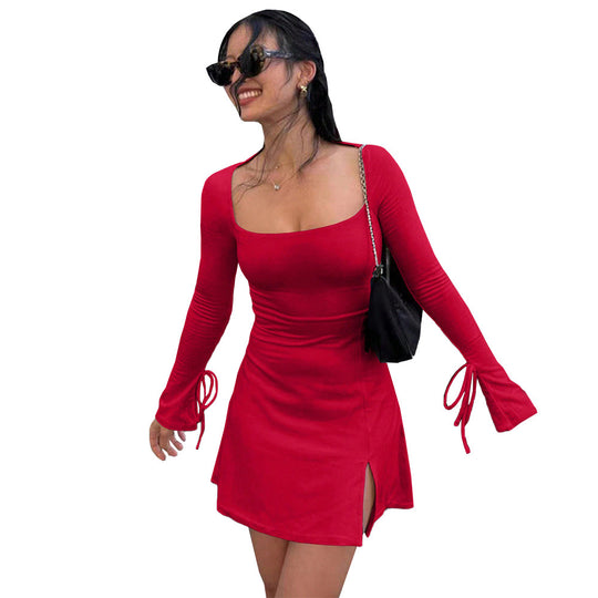 Damen figurbetontes Minikleid mit quadratischem Ausschnitt langen Ärmeln Bindbändern an den Ärmelabschlüssen und seitlichem Schlitz Nord Taschen