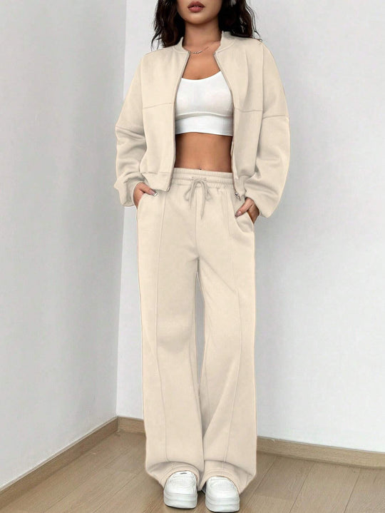 Damen kurze Sweatjacke mit Reißverschluss und High-Waist weitem Jogginghosen-Set Nord Taschen