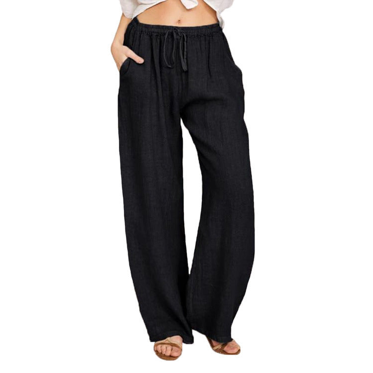 Damen Sommerliche Leinen-Palazzohose mit elastischem Bund, Seitentaschen und weitem Bein Nord Taschen