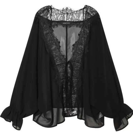 Damen Transparenter Chiffonkimono mit Spitzenbesatz und Volumenärmeln Nord Taschen