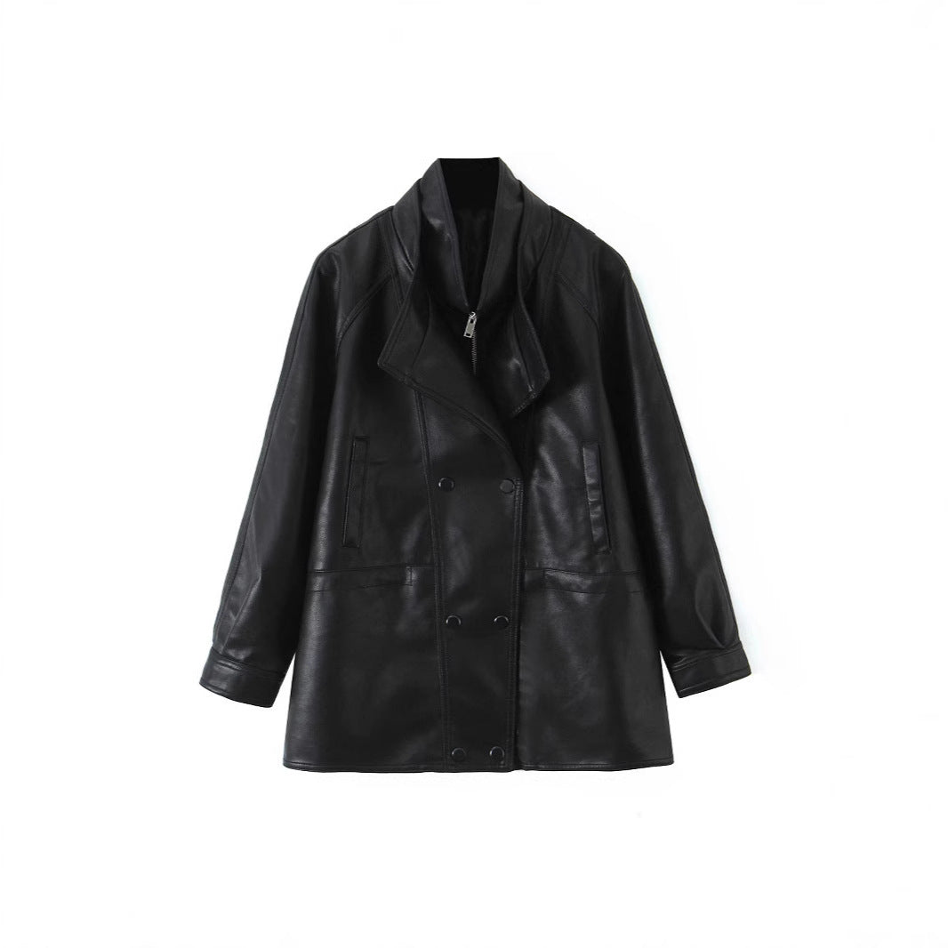 Damen Oversized Kunstlederjacke mit hohem Stehkragen und doppelreihiger Knopfleiste Nord Taschen