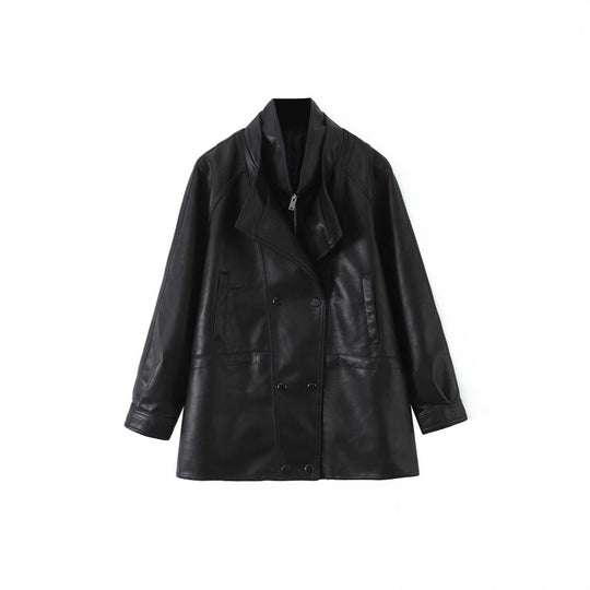 Damen Oversized Kunstlederjacke mit hohem Stehkragen und doppelreihiger Knopfleiste Nord Taschen