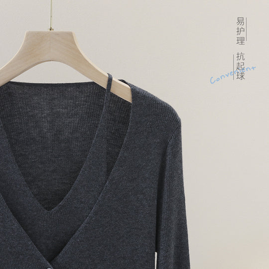 Damen feiner Rippstrick-Cardigan mit integriertem Spaghettitop und tiefem V-Ausschnitt Nord Taschen