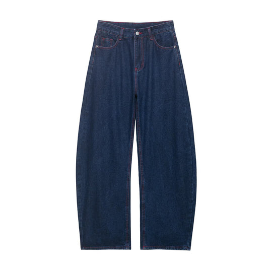Damen Weite High‑Waist-Jeans mit mittlerer Leibhöhe, geradem Bein und kontrastfarbigen Ziernähten Nord Taschen