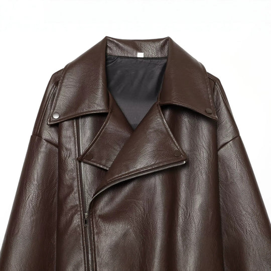 Damen Oversized Bikerjacke aus Kunstleder mit taillierendem Gürtel und asymmetrischem Reißverschluss Nord Taschen
