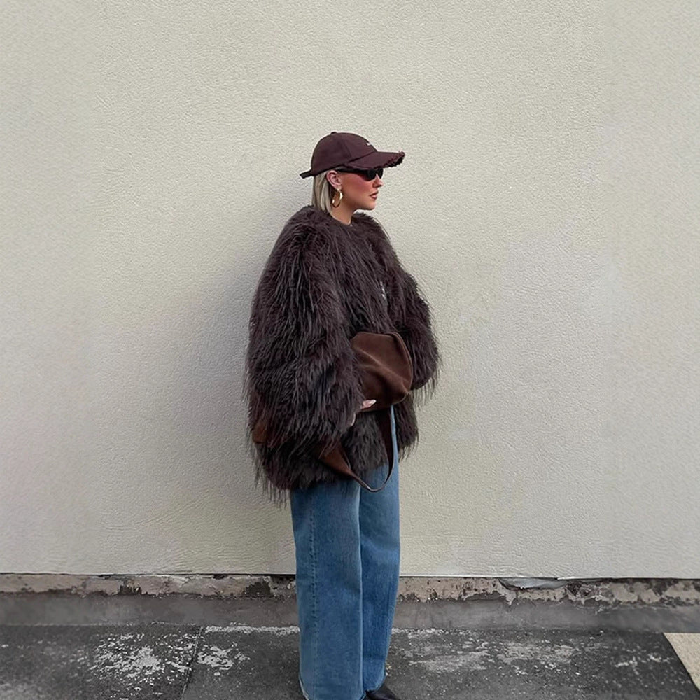 Damen Oversize Kunstpelz‑Mantel mit langfloriger Shag‑Optik und kastiger Silhouette Nord Taschen