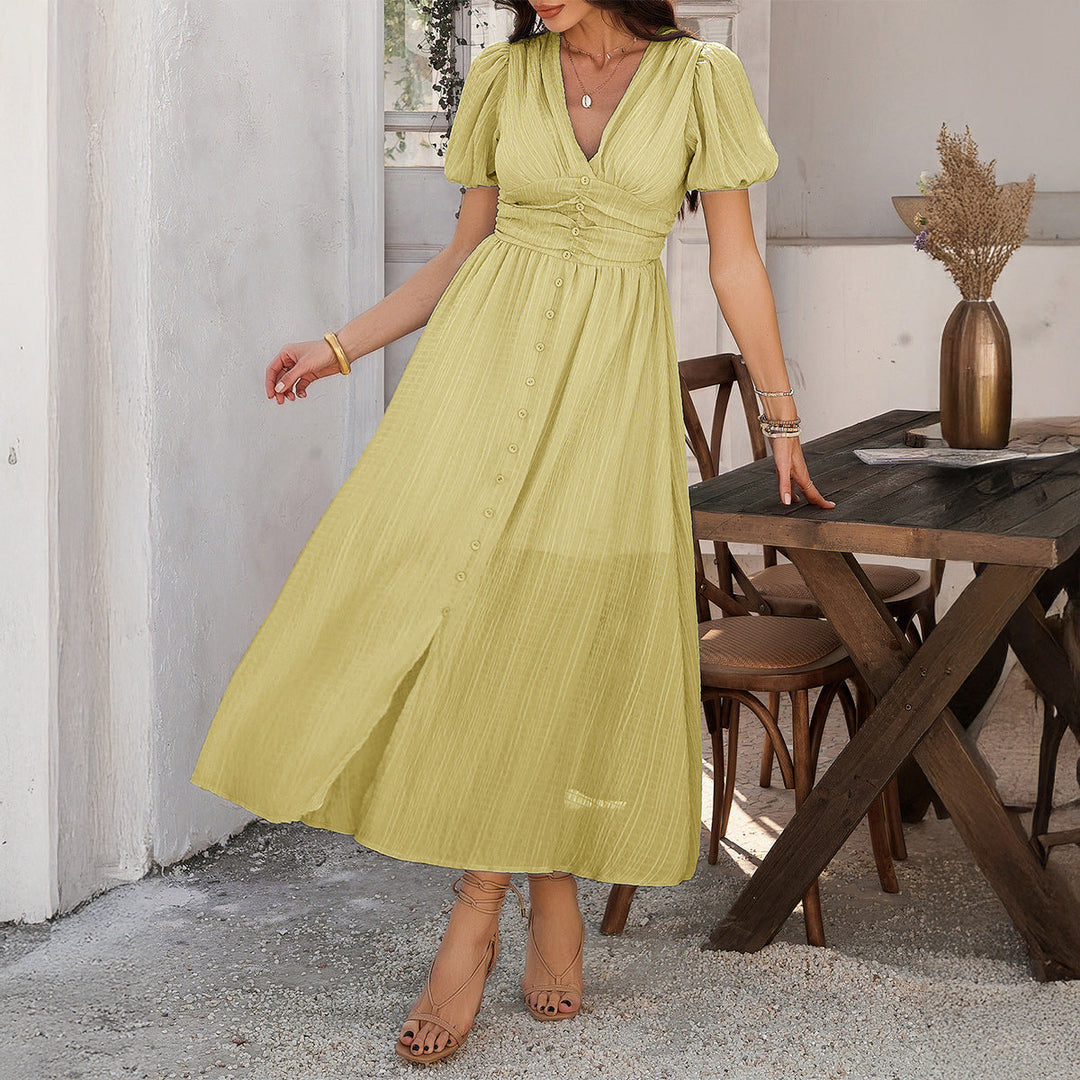 Damen Maxikleid mit V-Ausschnitt und luftigen Puffärmeln
