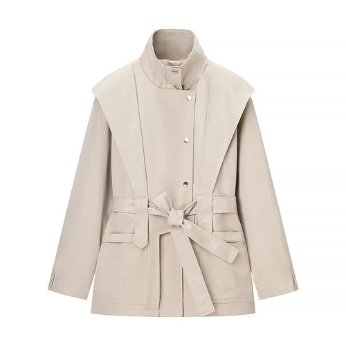 Damen Kurztrench mit Cape-Detail, Stehkragen und Bindegürtel Nord Taschen