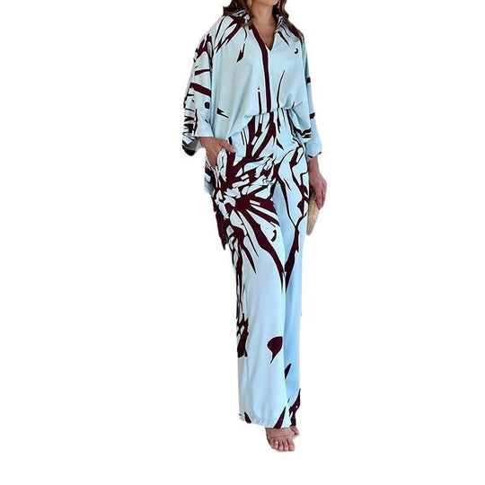 Damen Gemustertes Kimono-Lounge-Set mit weitem Palazzohose aus leichtem Viskose-Mix Nord Taschen