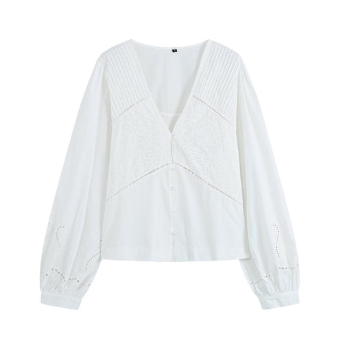 Damen Bestickte V‑Ausschnitt Bluse mit Kellerfaltenpasse und Ballonärmeln Nord Taschen