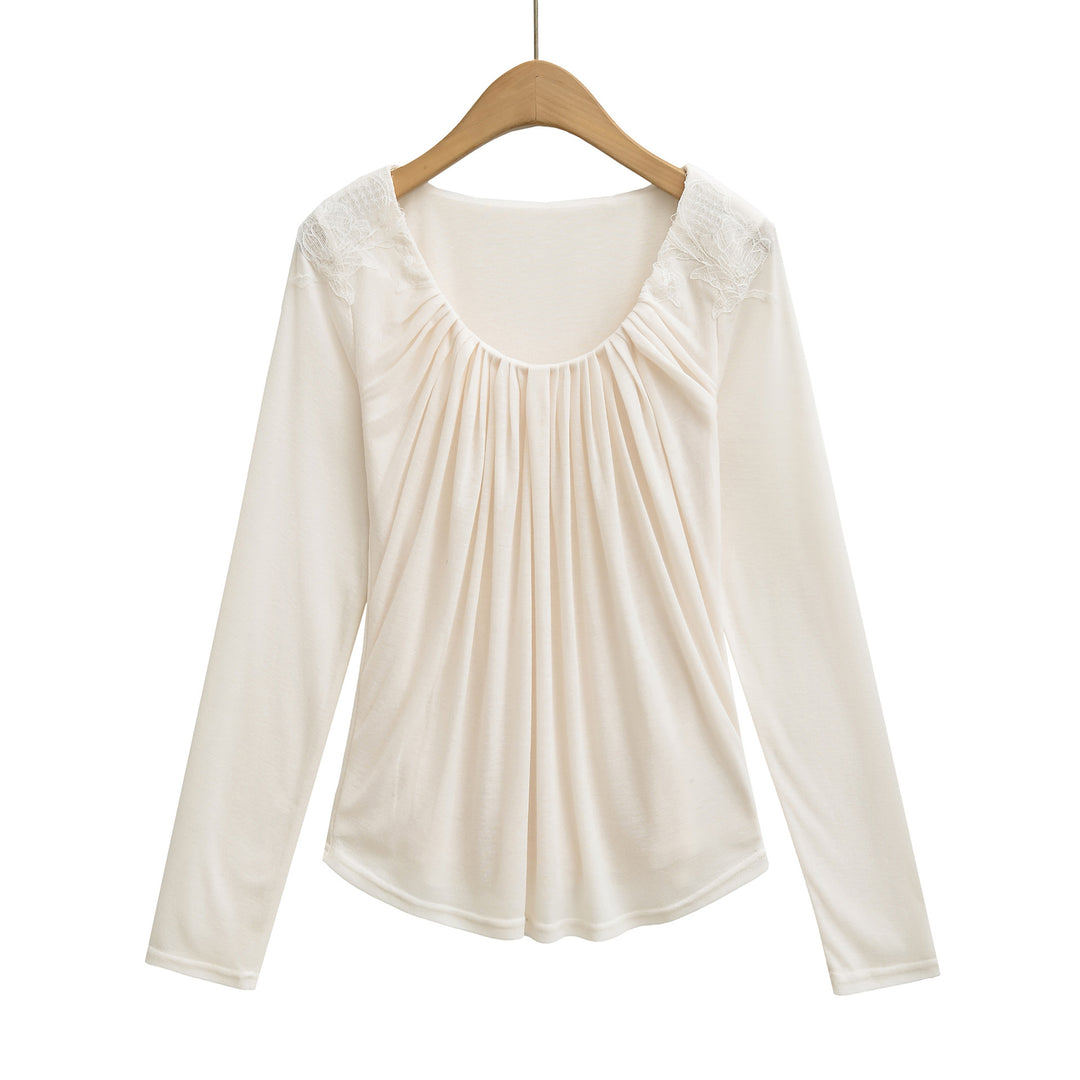 Damen Jersey-Top mit weitem Rundhalsausschnitt, Faltenfront und Spitzenbesatz Nord Taschen