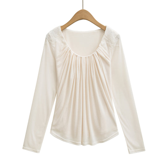 Damen Jersey-Top mit weitem Rundhalsausschnitt, Faltenfront und Spitzenbesatz Nord Taschen