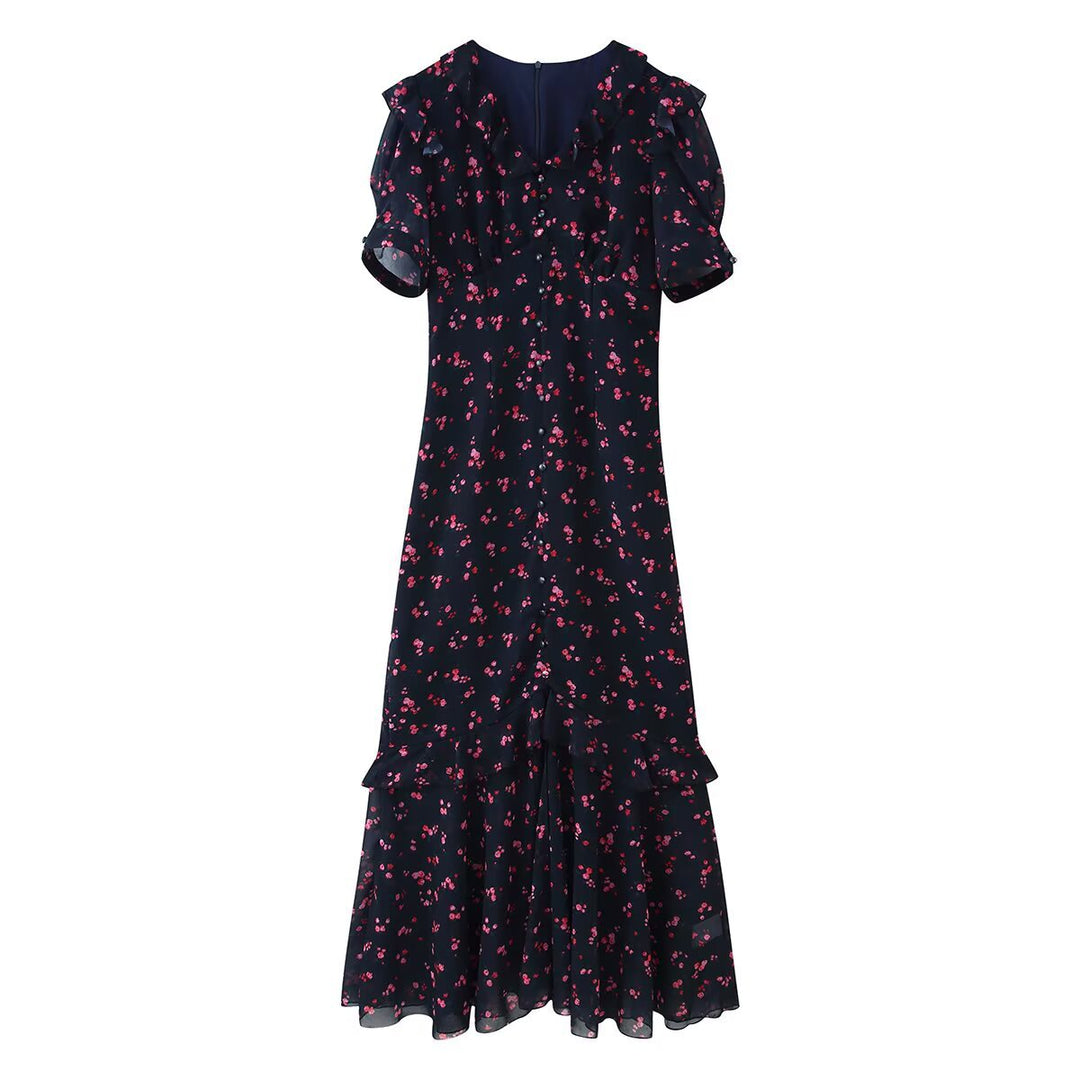 Damen Maxikleid mit Volants, V-Ausschnitt und floralem Chiffon-Look Nord Taschen