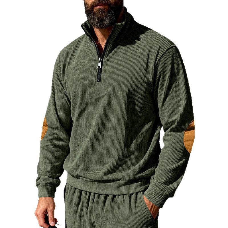 Herren Cord-Struktur-Halbzip-Pullover im Relaxed-Fit mit Stehkragen und Ellbogen-Patch Nord Taschen
