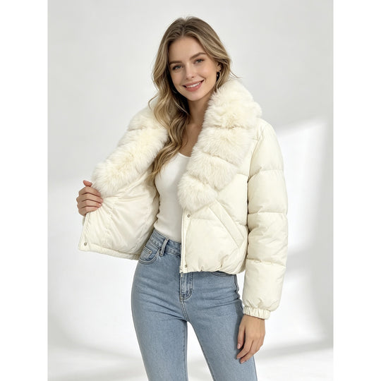 Damen nan kurze wattierte Cropped-Jacke mit extra voluminösem Kunstpelz-Schalkragen und elastischen Bündchen Nord Taschen