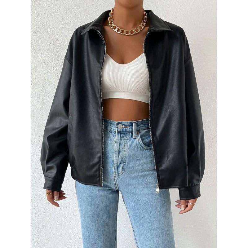 Damen Oversized Kunstleder-Blouson mit Reißverschluss und Hemdkragen Nord Taschen