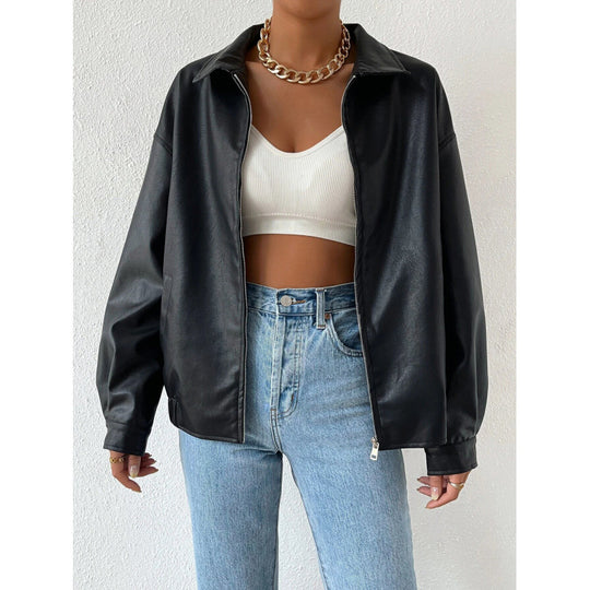 Damen Oversized Kunstleder-Blouson mit Reißverschluss und Hemdkragen Nord Taschen