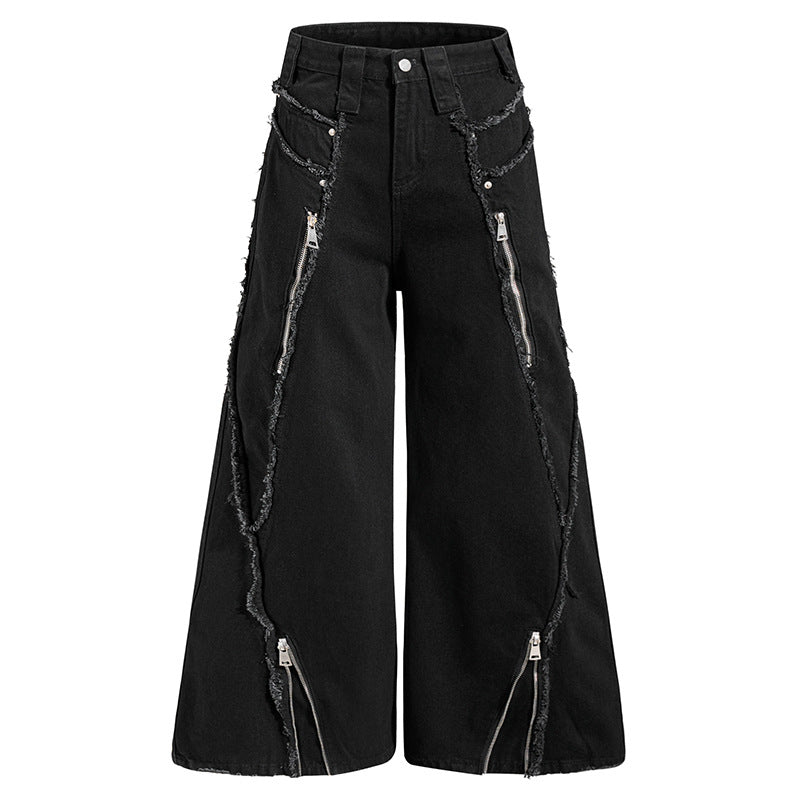 Damen weite Denim-Culotte mit Fransen-Details und Zipper-Akzenten Nord Taschen